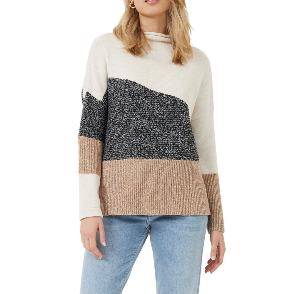 French Connection Lotty Color Block Knit Patch Sweater Size L Mock Neck Pullover